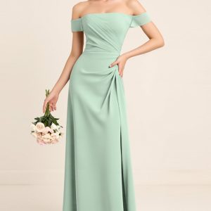 Mint Sheath Off The Shoulder Long Bridesmaid Dress with Slit