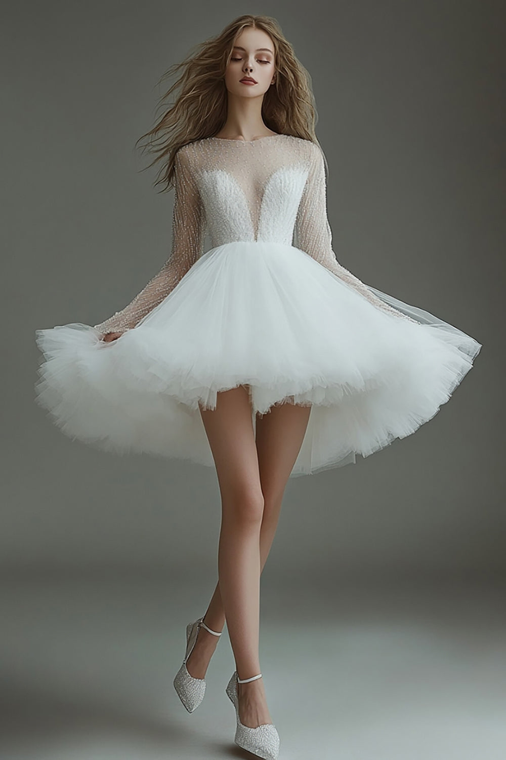 White A Line Long Sleeve Tulle Short Graduation Dress