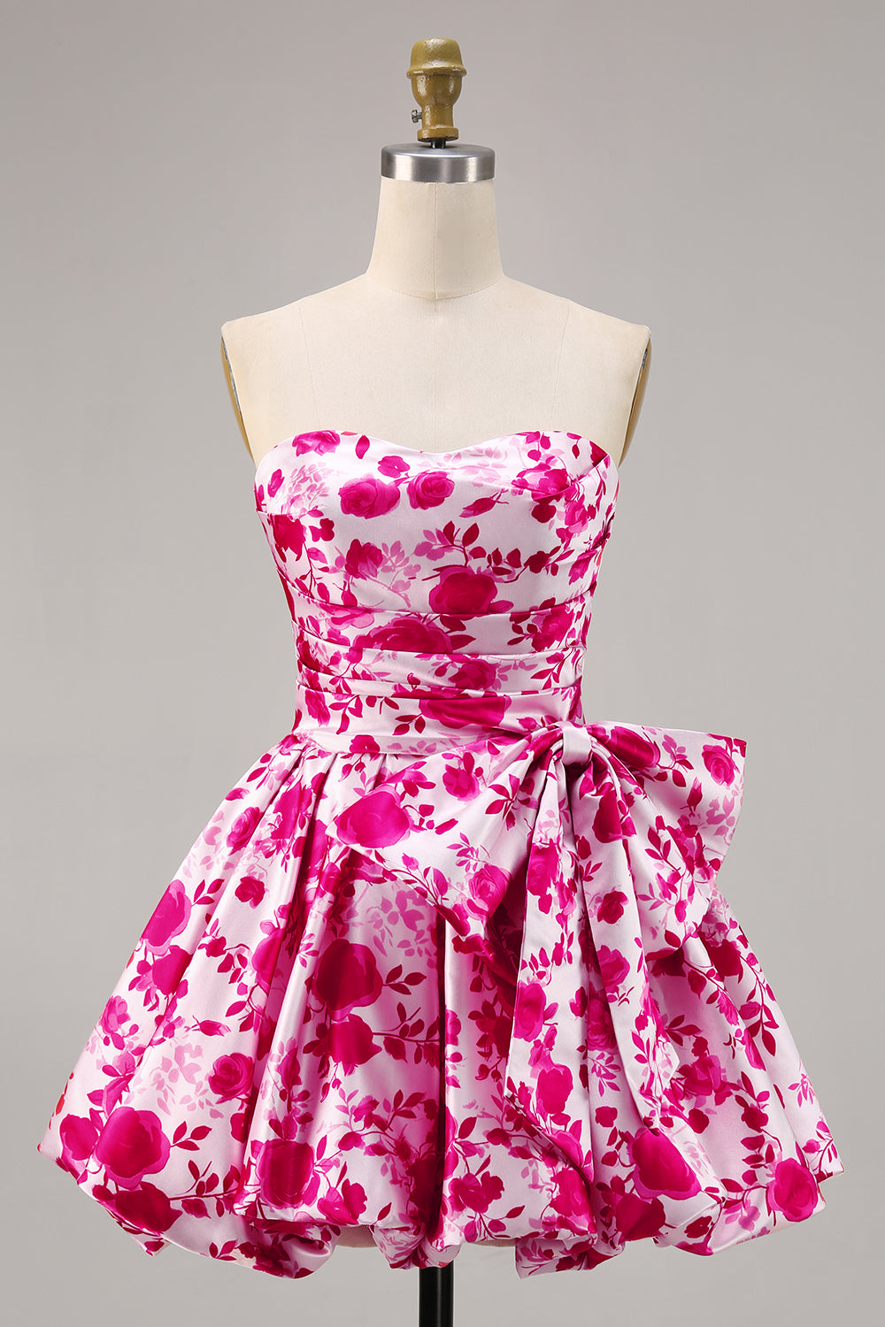 Fuchsia Flower Strapless A Line Printed Homecoming Dress with Bow