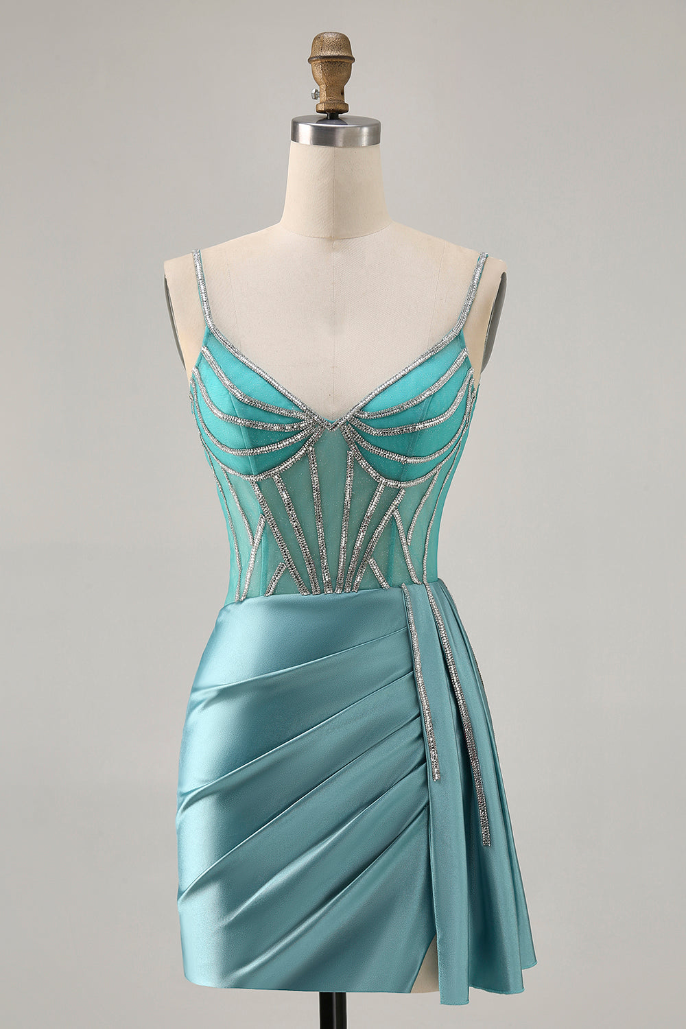 Sparkly Green Satin Bodycon Short Homecoming Dress with Beading