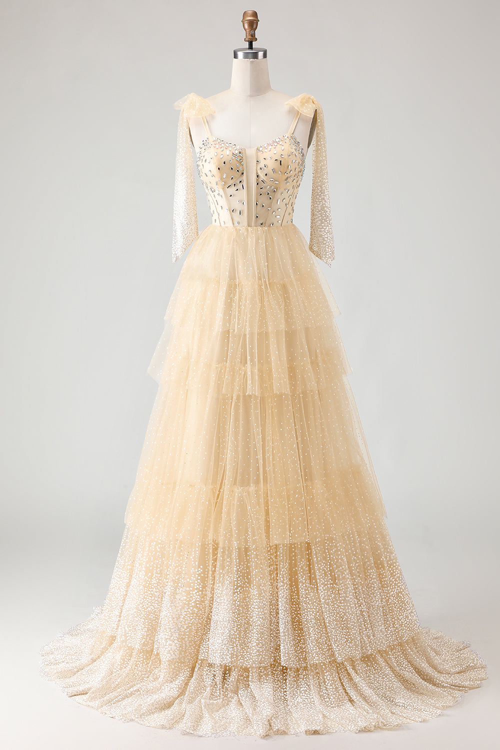 Apricot A Line Beaded Corset Tiered Ruffle Long Prom Dress with Bow
