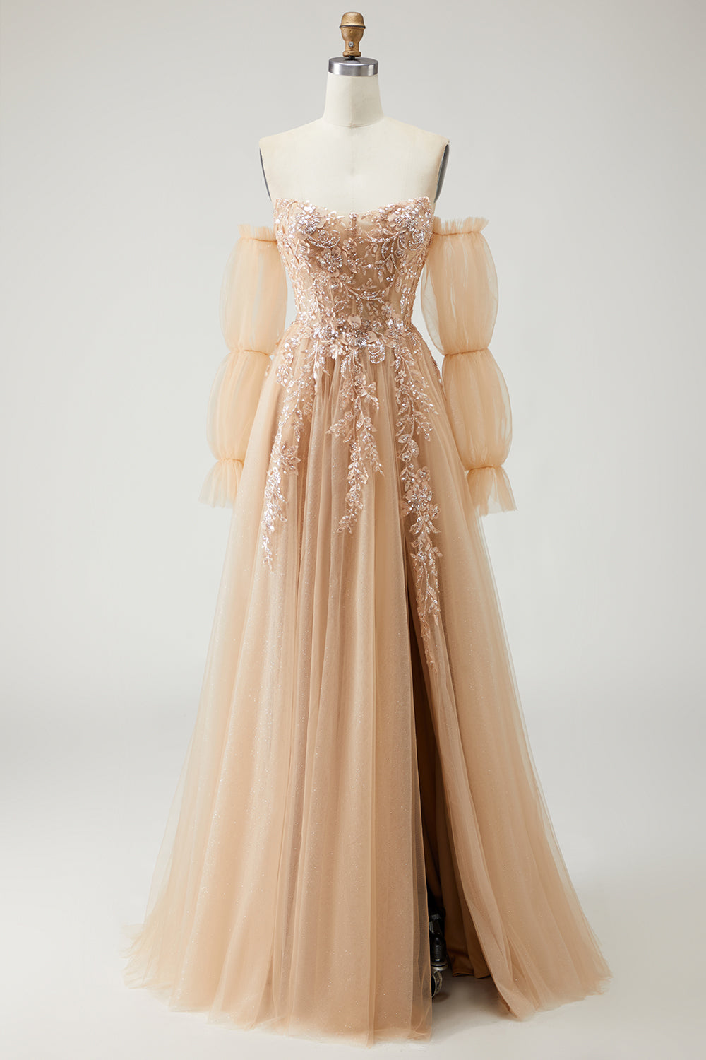 Champagne A-Line Corset Removable Sleeves Applique Sequins Floral Long Prom Dress with Slit