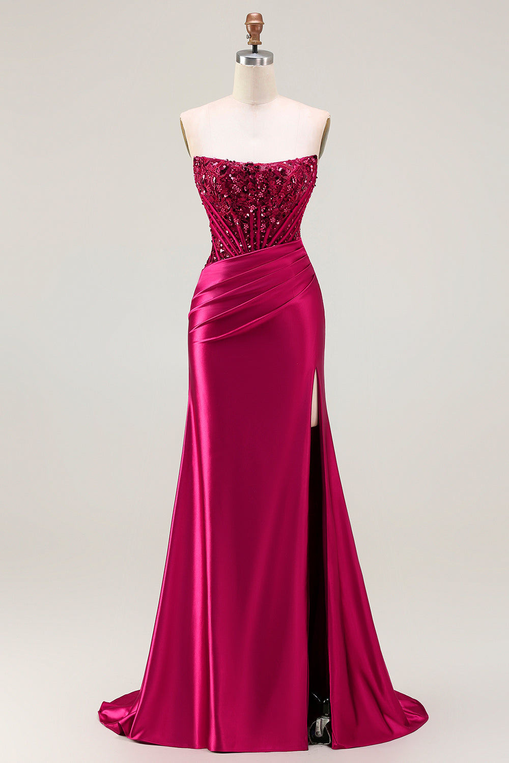 Burgundy Strapless Corset Mermaid Beaded Lace Up Back Long Prom Dress with Slit