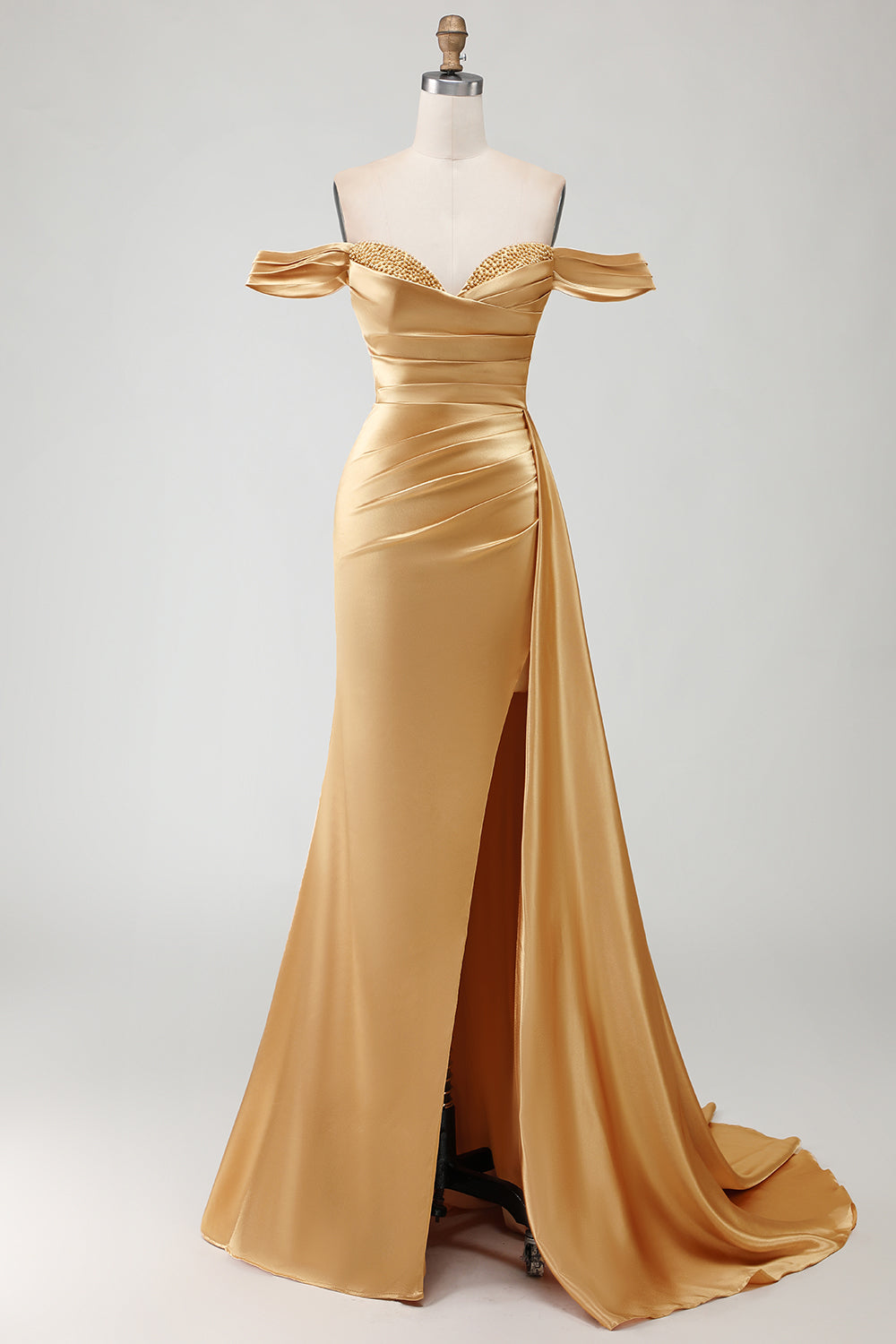 Golden Mermaid Off The Shoulder Beaded Streamer Ruched Long Prom Dress with Slit