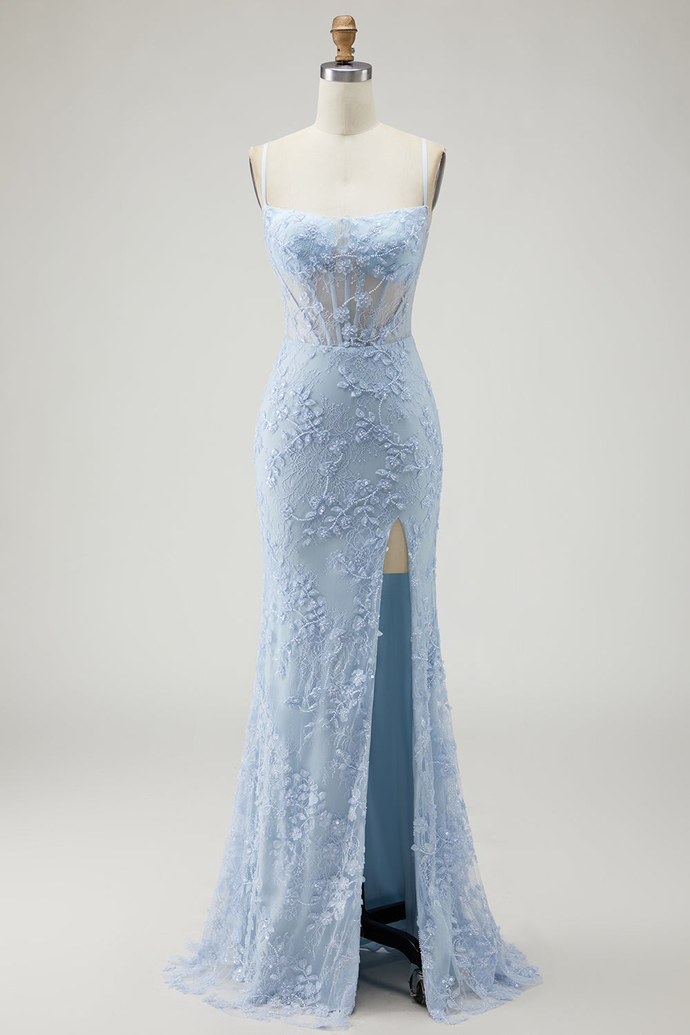 Blue Mermaid Sheer Corset Lace Appliqued Beaded Long Prom Dress with Slit