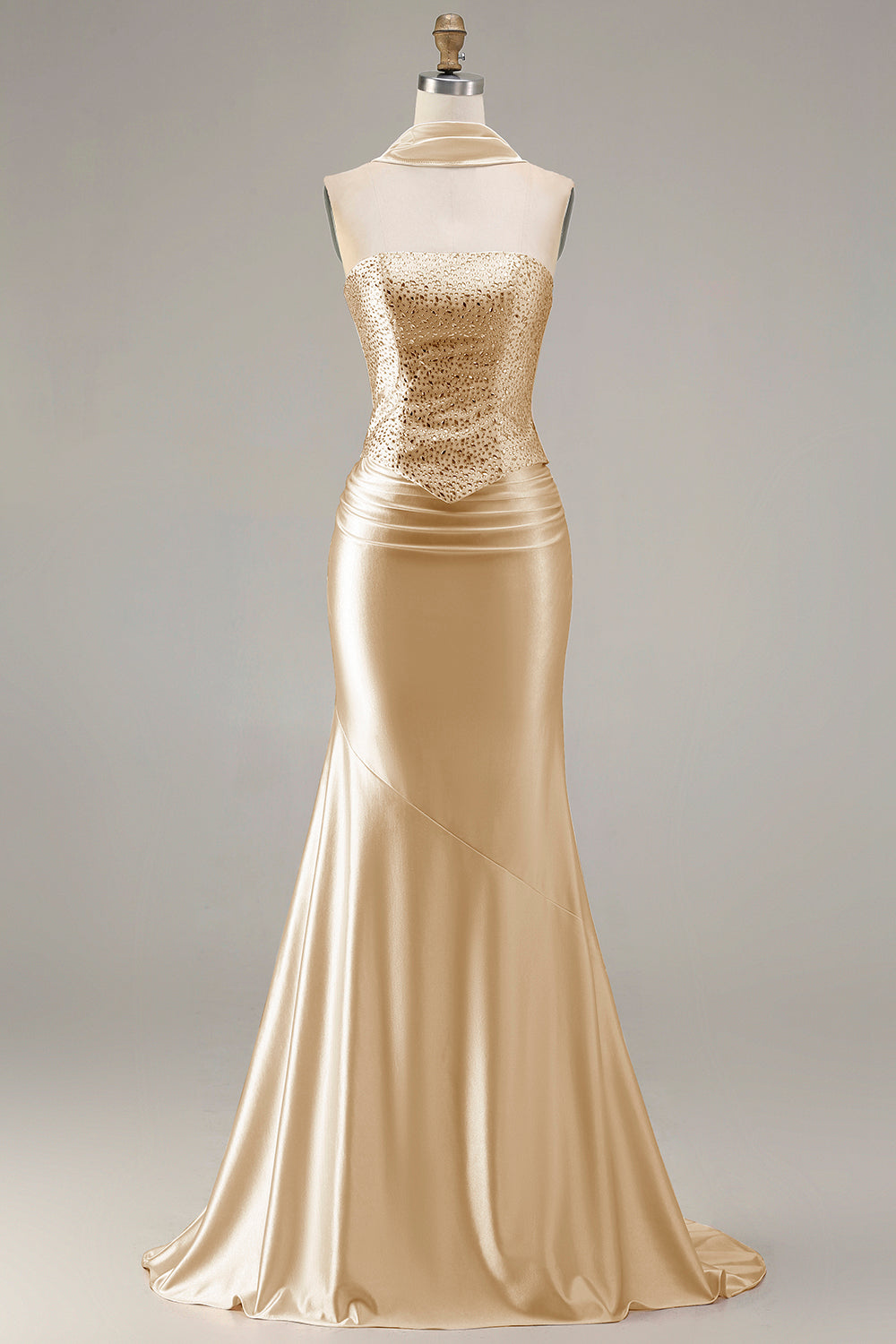 Champagne Mermaid Strapless Beaded Convertible Lace Up Back Long Prom Dress