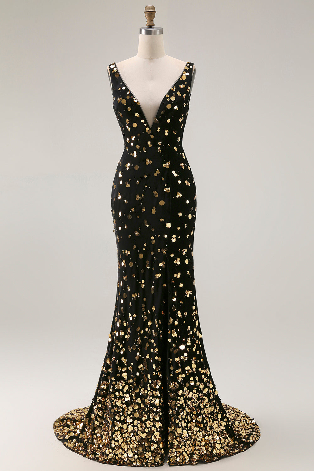 Sparkly Black Golden Sequins Mermaid V-Neck Velvet Long Prom Dress with Slit