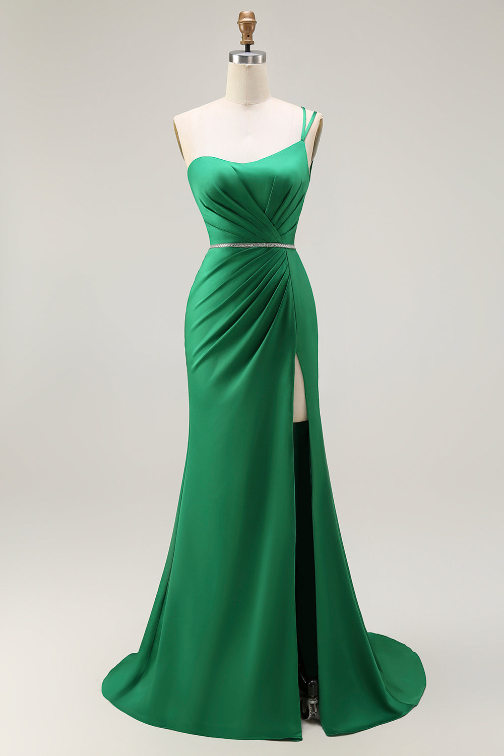 Dark Green Mermaid One Shoulder Beaded Lace Up Back Long Prom Dress with Slit