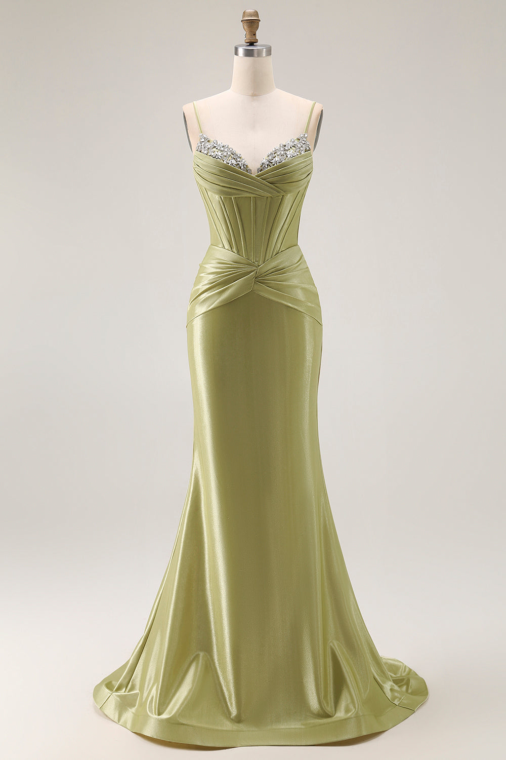 Green Mermaid Corset Lace Up Back Ruched Long Prom Dress with Rhinestones