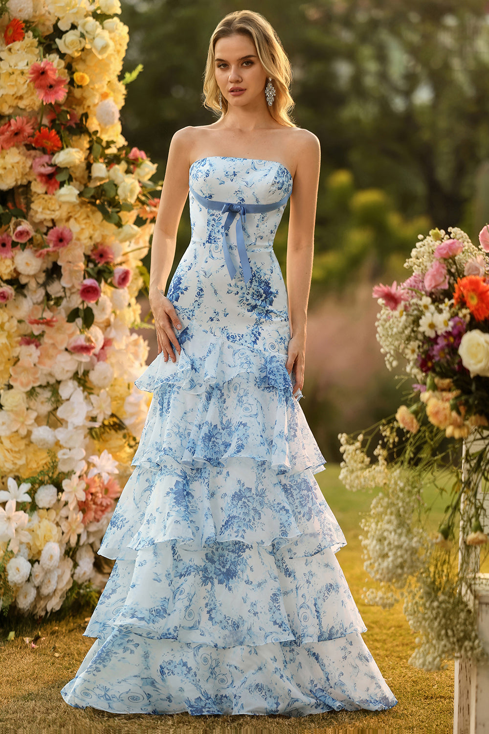 White Blue Flower Strapless Mermaid Print Tiered Long Prom Dress with Ruffles