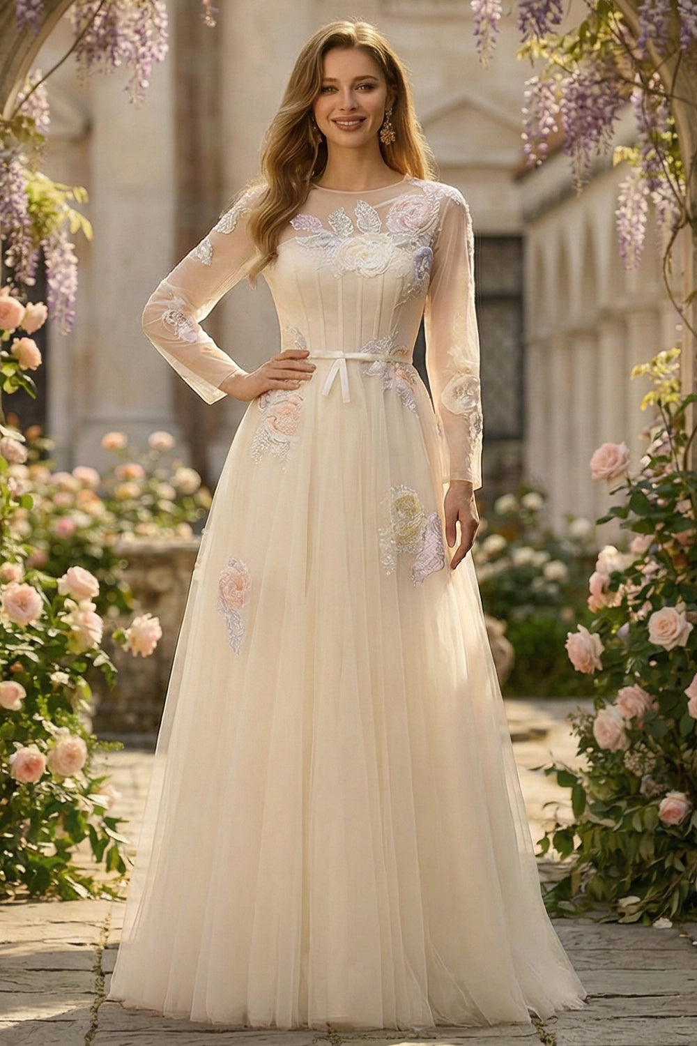 Yellow A Line Corset Beaded Appliqued Tulle Long Prom Dress with Sequins