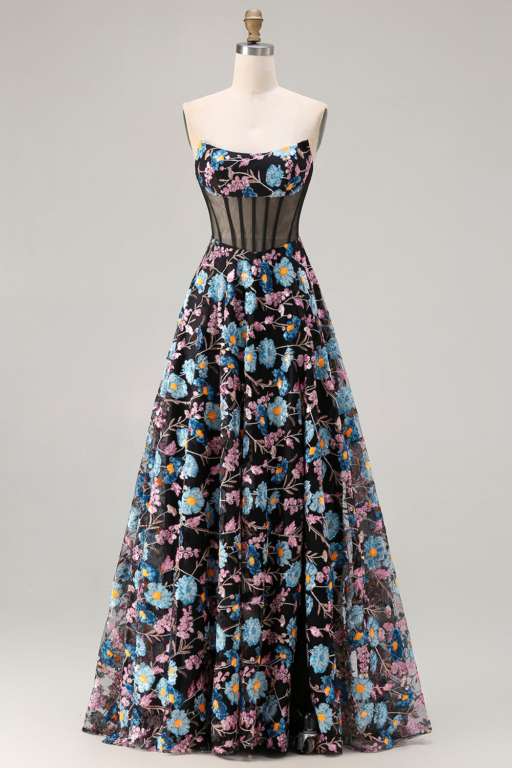 Black Flower A-Line Strapless Sheer Corset Lace Up Back Long Prom Dress with Sequins