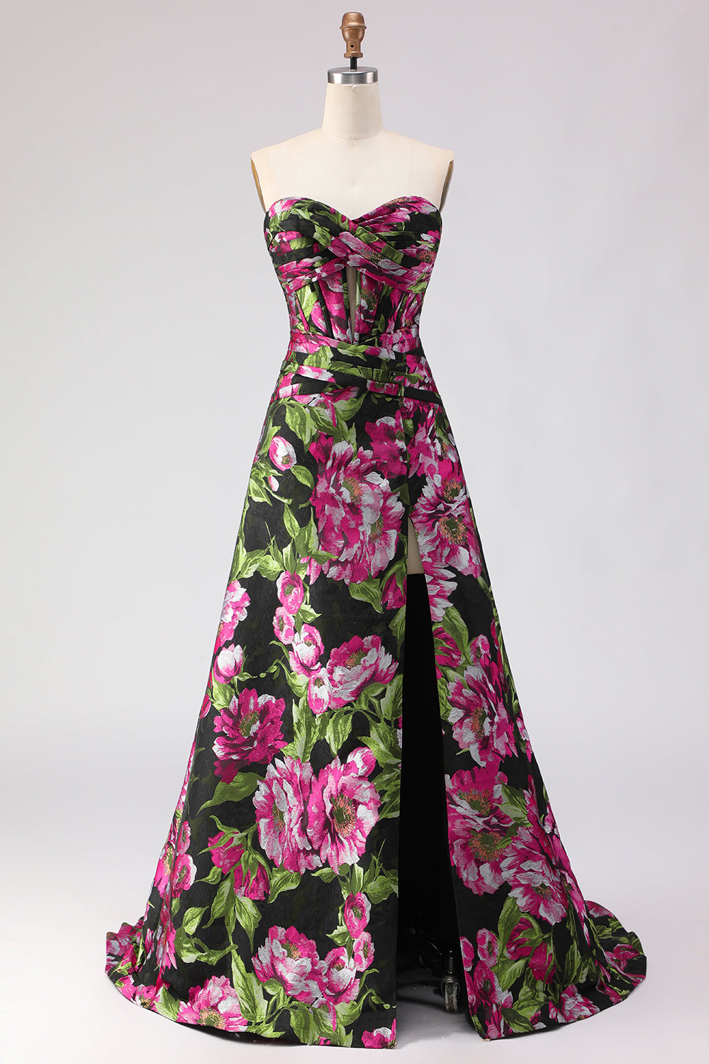Black Floral Strapless A Line Corset Jacquard Long Prom Dress with Slit