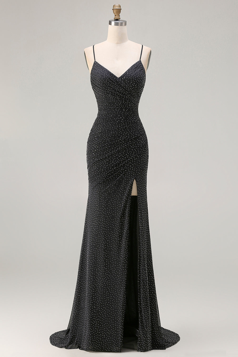 Black Mermaid Beaded Tie Back Ruched Long Prom Dress with Slit