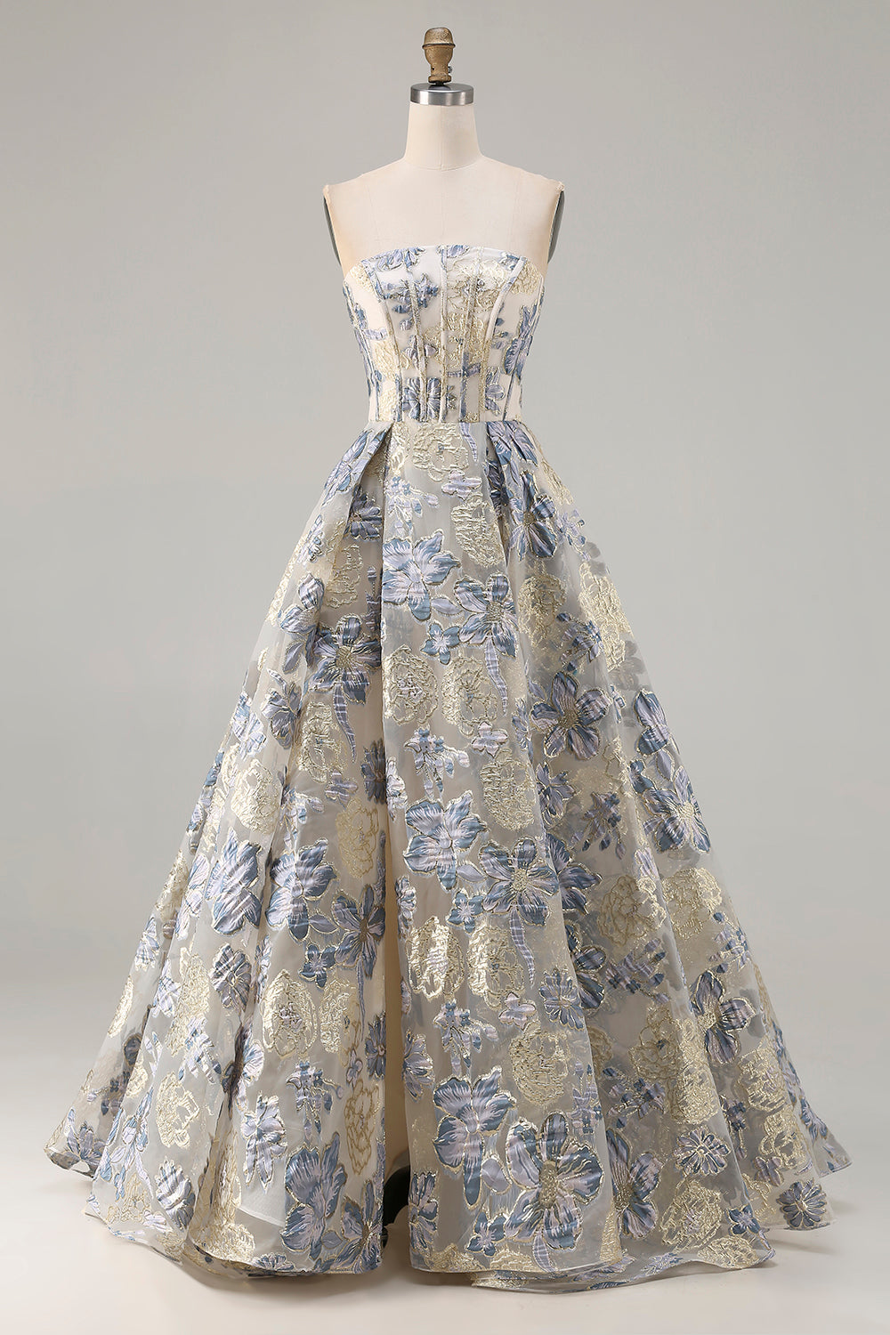 Dusty Blue Strapless Jacquard A-Line Floral Corset Long Prom Dress with Slit