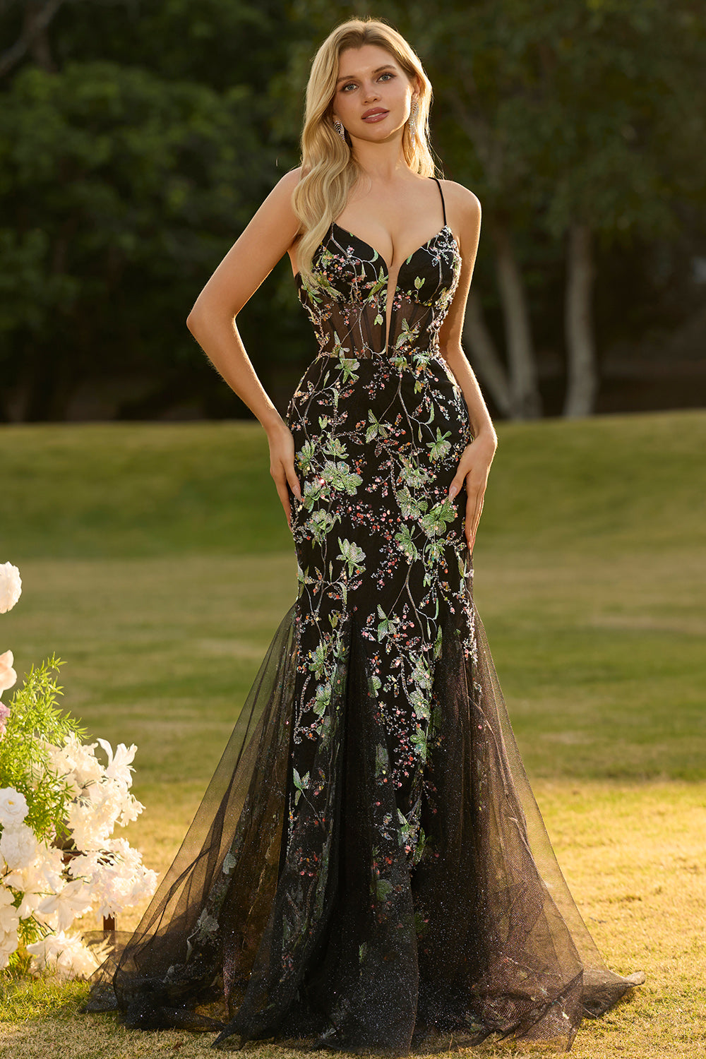 Black Flower Mermaid Corset Lace Up Back Long Prom Dress with Sequins