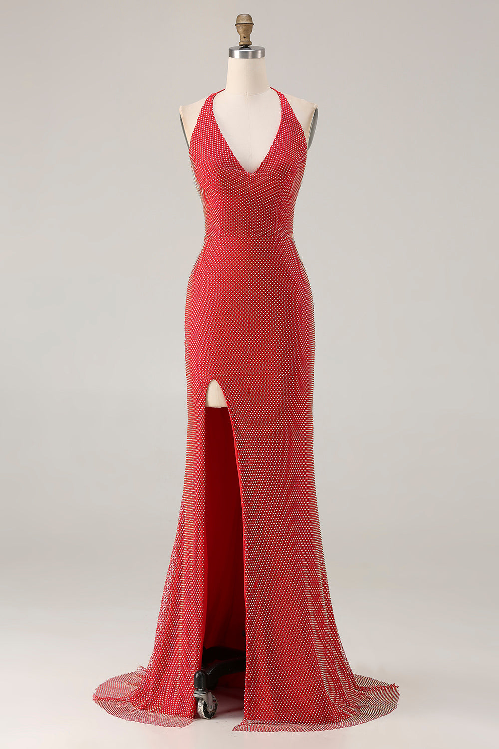 Red Halter Mermaid Beaded Lace Up Back Long Prom Dress with Slit