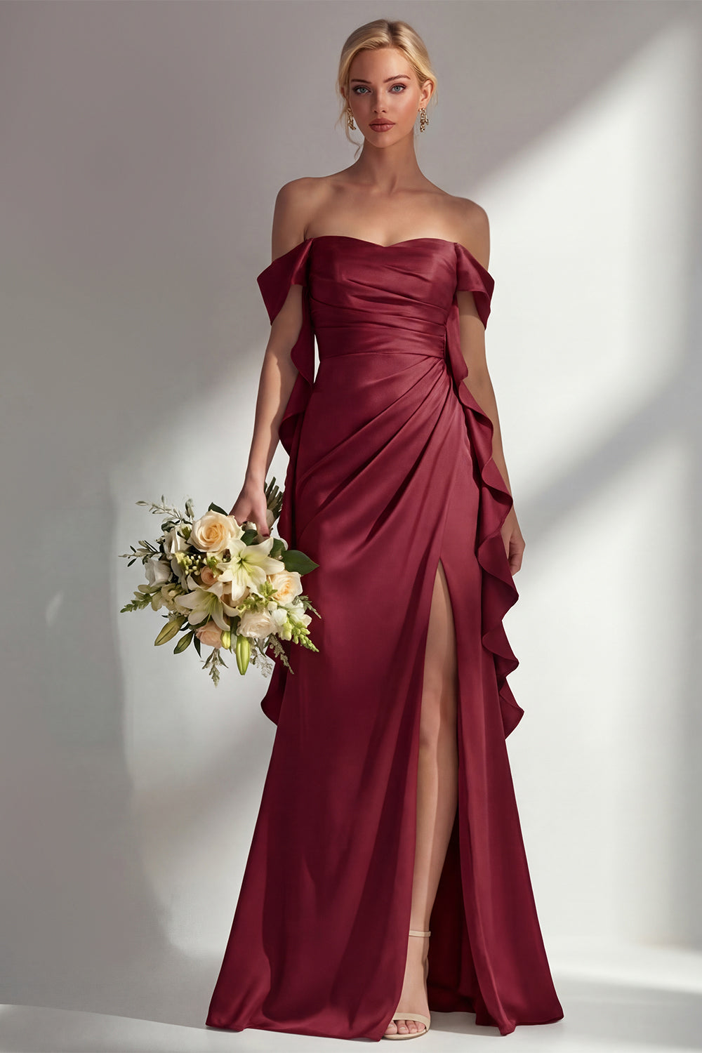 Burgundy Off The Shoulder Mermaid Ruffled Lace Up Back Long Bridesmaid Dress with Slit