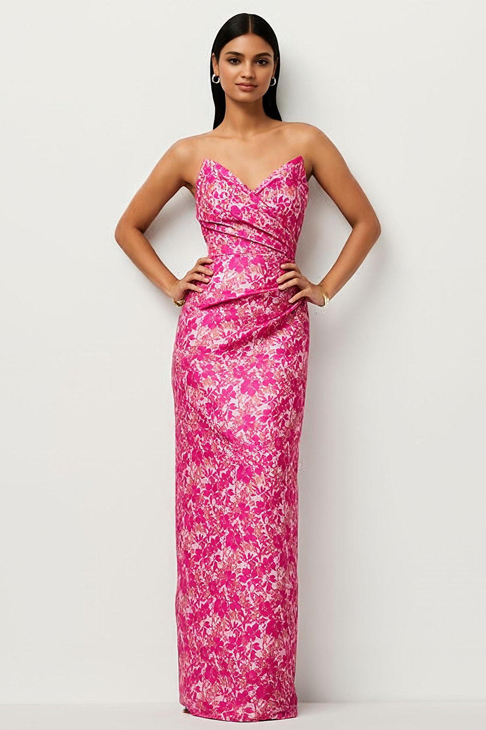 Fuchsia Floral Strapless Sheath Print Satin Long Jacquard Dress