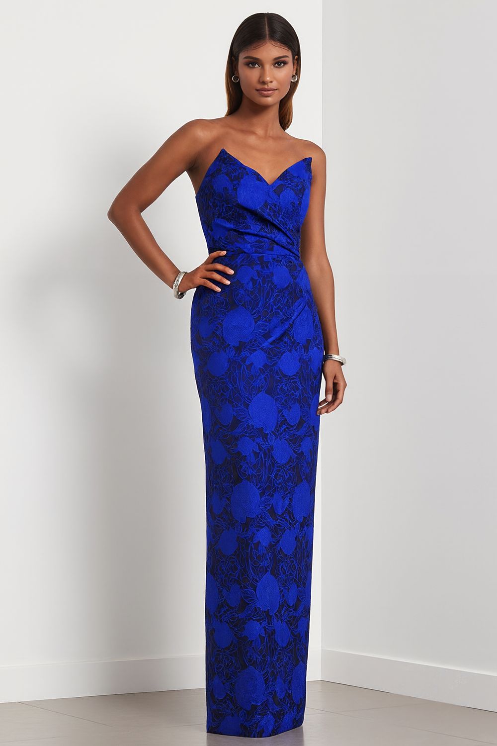 Royal Blue Strapless Sheath Floral Satin Long Jacquard Dress