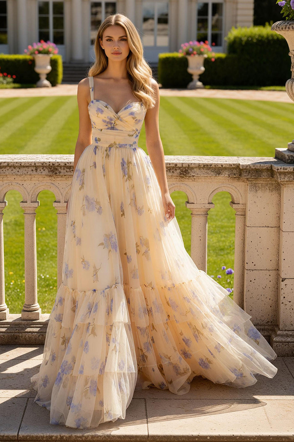 Yellow Flower A-Line Spaghetti Straps Ruffled Print Tulle Long Prom Dress