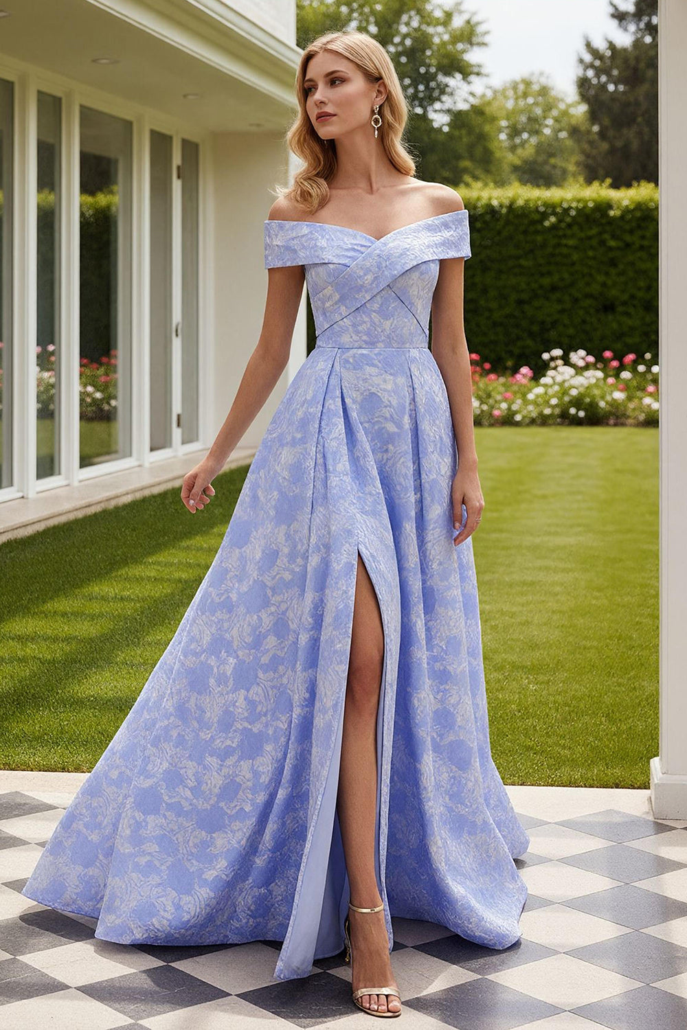 Light Blue Jacquard A Line Off The Shoulder Floral Long Prom Dress with Slit