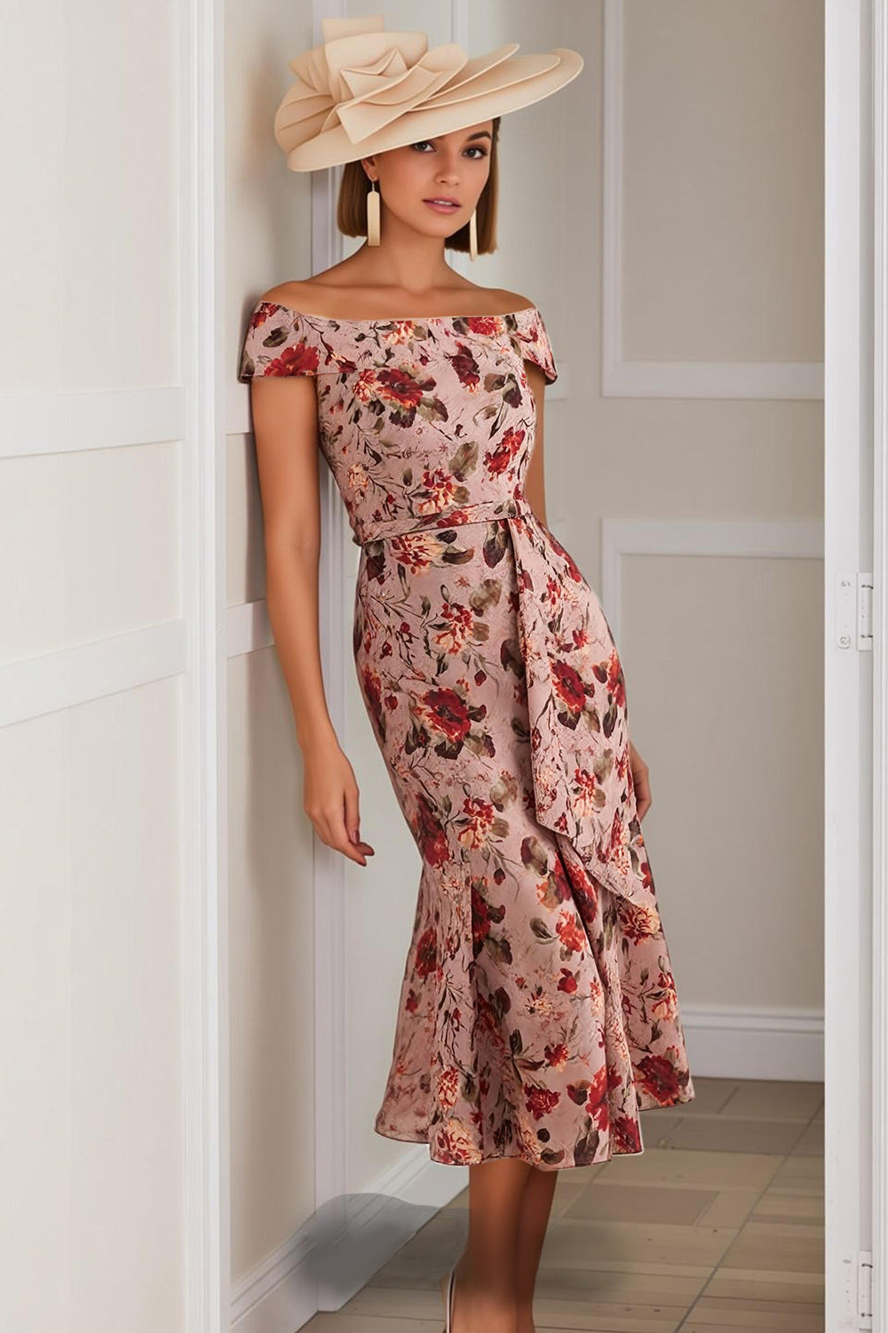 Dusty Rose Flower Mermaid Bateau Neck Print Midi Mother Of The Bride Dress
