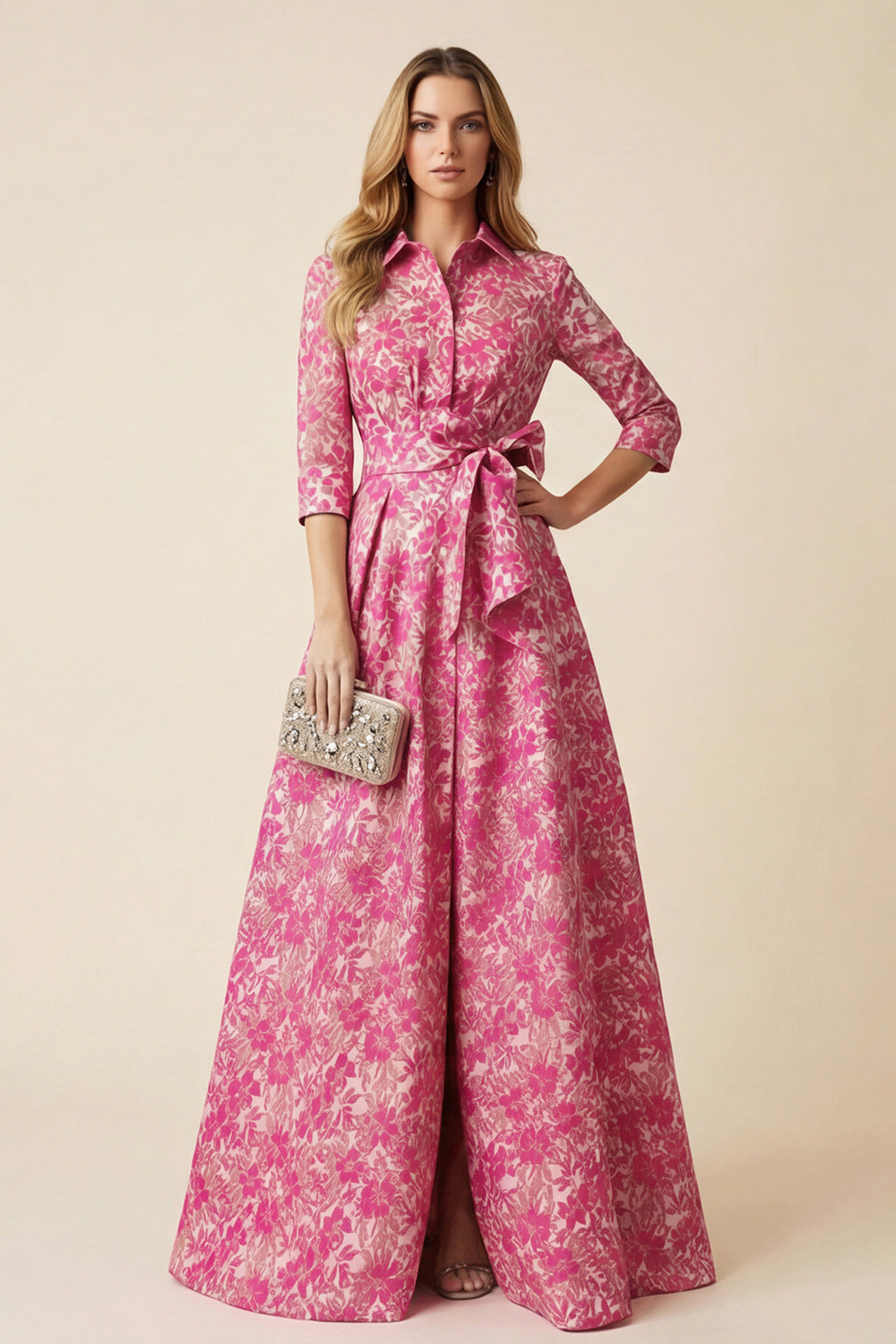 Jacquard A-Line Fuchsia Floral Maxi Dress with Slit