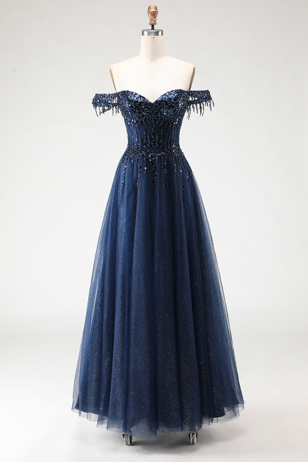 Glitter Navy Off The Shoulder Beaded A-Line Corset Long Prom Dress