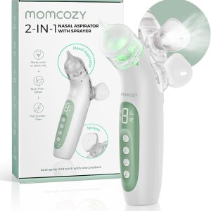 Momcozy BreezyClear™ 2-in-1 Electric Nasal Aspirator for Baby with Spray, 65kPa Hospital-Grade Suction, 4 Adjustable Levels, Quiet & Portable Nose Cleaner with Soothing Light & Music