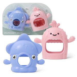 Momcozy 2 Pack Teething Toys, Food Grade Silicone Baby Teethers for 0–12 Months, Baby Teether Mitten Wrist, Teething Relief with Multiple Chew Points,Hygienic Seamless UV-Integrated Design,Blue&Pink