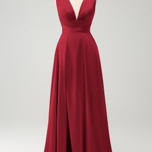 Burgundy A Line Deep V Neck Backless Long Bridesmaid Dress with Slit