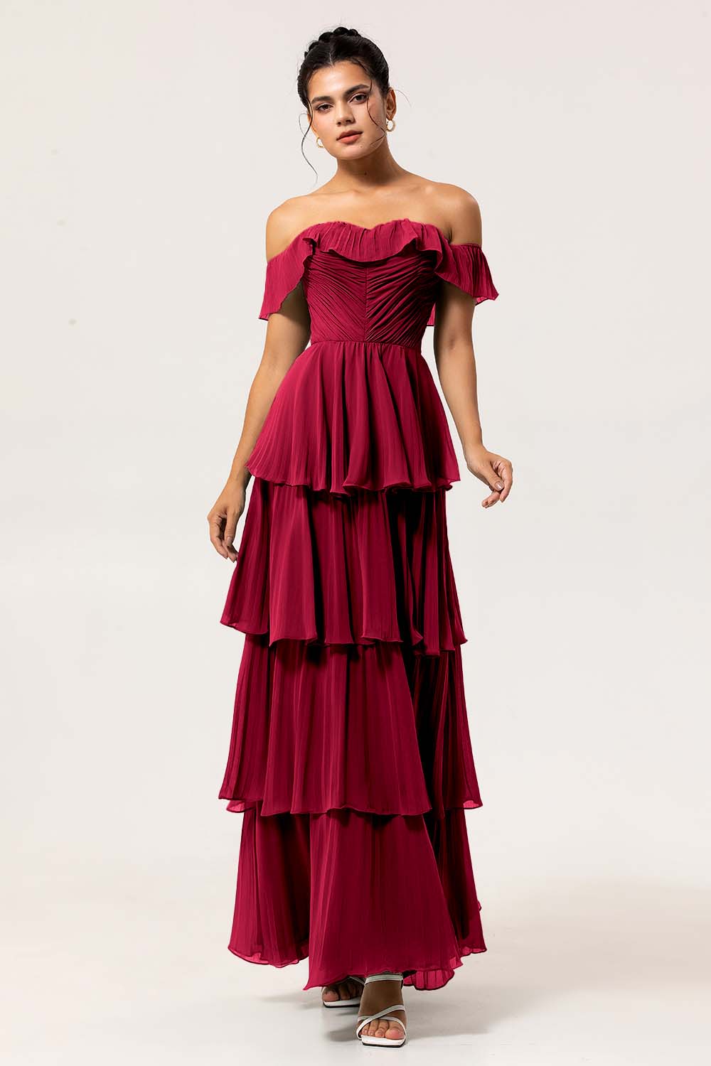 Burgundy A-Line Off The Shoulder Tiered Chiffon Ruffle Long Bridesmaid Dress