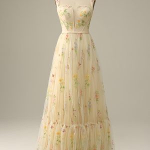 Champagne A-Line Square Neck Embroidered Prom Dress