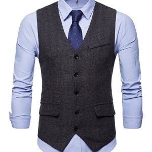 Men's Single Breasted V-Neck Black Suit Vests