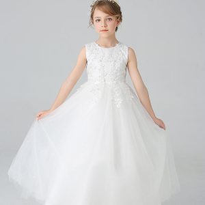 White A Line Beaded Tulle Flower Girl Dress With Appliques