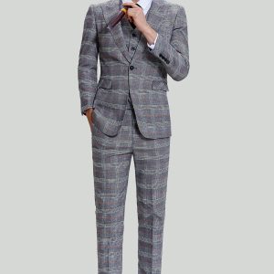 Men's Grey Plaid Wide Peak Lapel 3 Piece Single Breasted Wedding Guest Suits