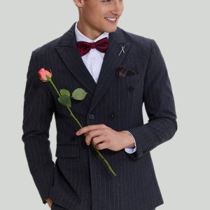 3 Piece Pinstripe Dark Grey Peak Lapel Men's Wedding Suit