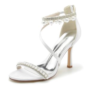 Wedding Shoes Satin High Heel Pearl Rhinestone Tassel Open Toe Sandals Wedding Party Shoes