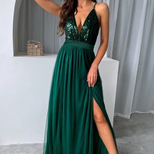Dark Green A-Line Spaghetti Straps Long Prom Dress with Slit