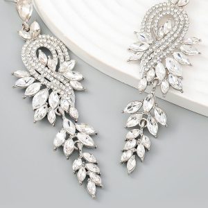 Green Wedding Earrings With Beadings and Rhinestones