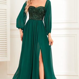 A-Line Dark Green Sequins Prom Dress with Sleeves