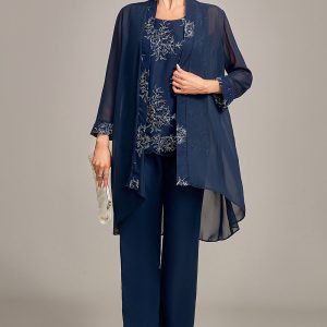 Navy 3 Piece Mother of the Bride Pant Suits with Appliques