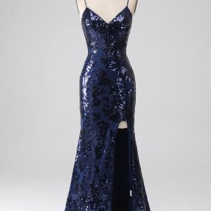 Shimmering Mermaid Spaghetti Strap Sequins Prom Dress with Slit