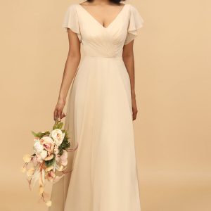 V-Neck Cape Long Floor Length Chiffon Bridesmaid Dress