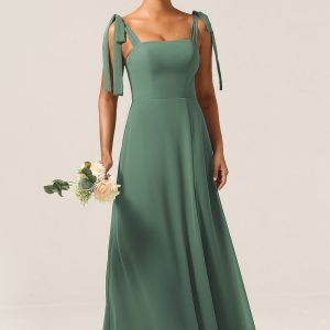A-Line Spaghetti Straps Floor-Length Chiffon Bridesmaid Dress with Slit