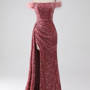 Sparkly Blush Mermaid Off the Shoulder Sequins Prom Dress with Slit