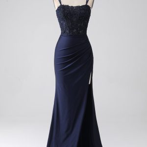 Navy Mermaid Spaghetti Straps Beaded Long Prom Dress with Slit