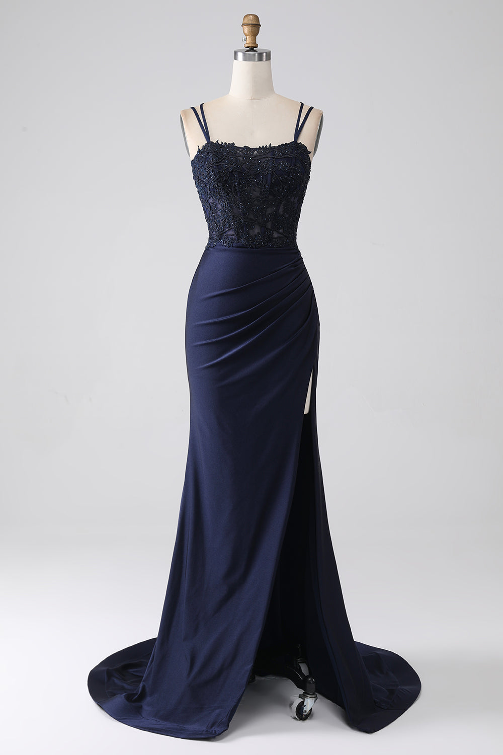Navy Mermaid Spaghetti Straps Beaded Long Prom Dress with Slit