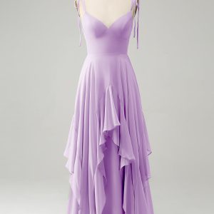 A Line Spaghetti Straps Chiffon Long Bridesmaid Dress with Ruffles